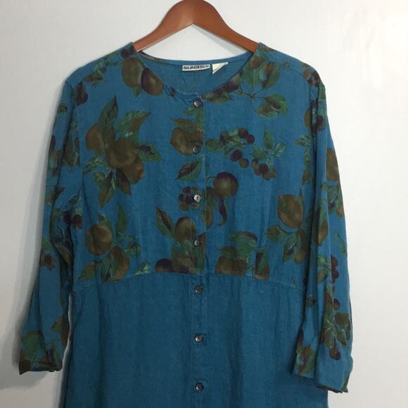 Vintage Sunbelt 100% linen fruit print button up long sleeve maxi dress sz L - Picture 2 of 8
